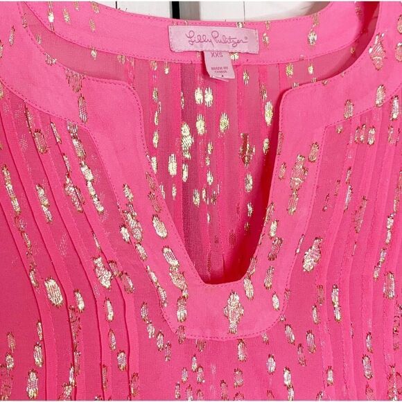Lilly Pulitzer COLBY SILK CLIP TOP Neon Pink Gold Metallic Soleil Blouse Siz XXS - Picture 4 of 10